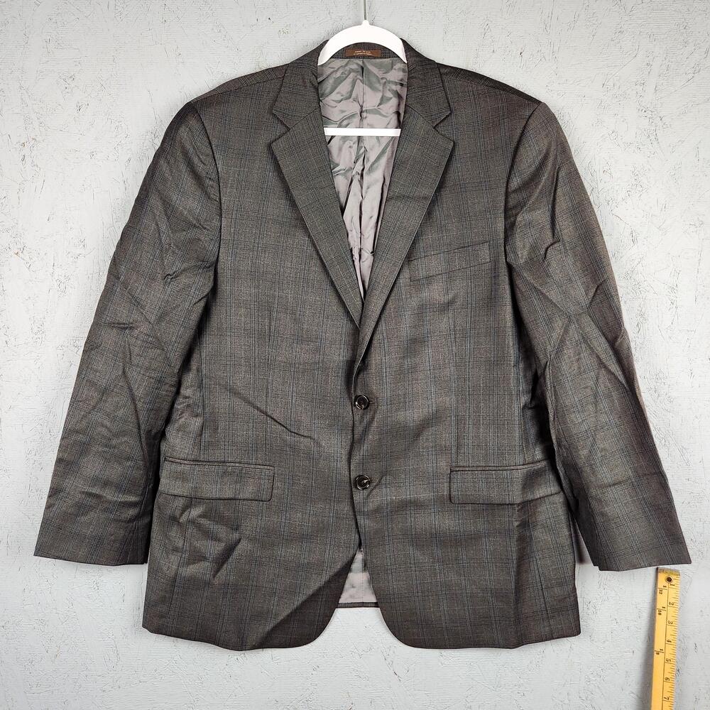 Hart Schaffner Marx Blazer Mens Large Gray Brown Plaid Sport Coat USA Nuetral